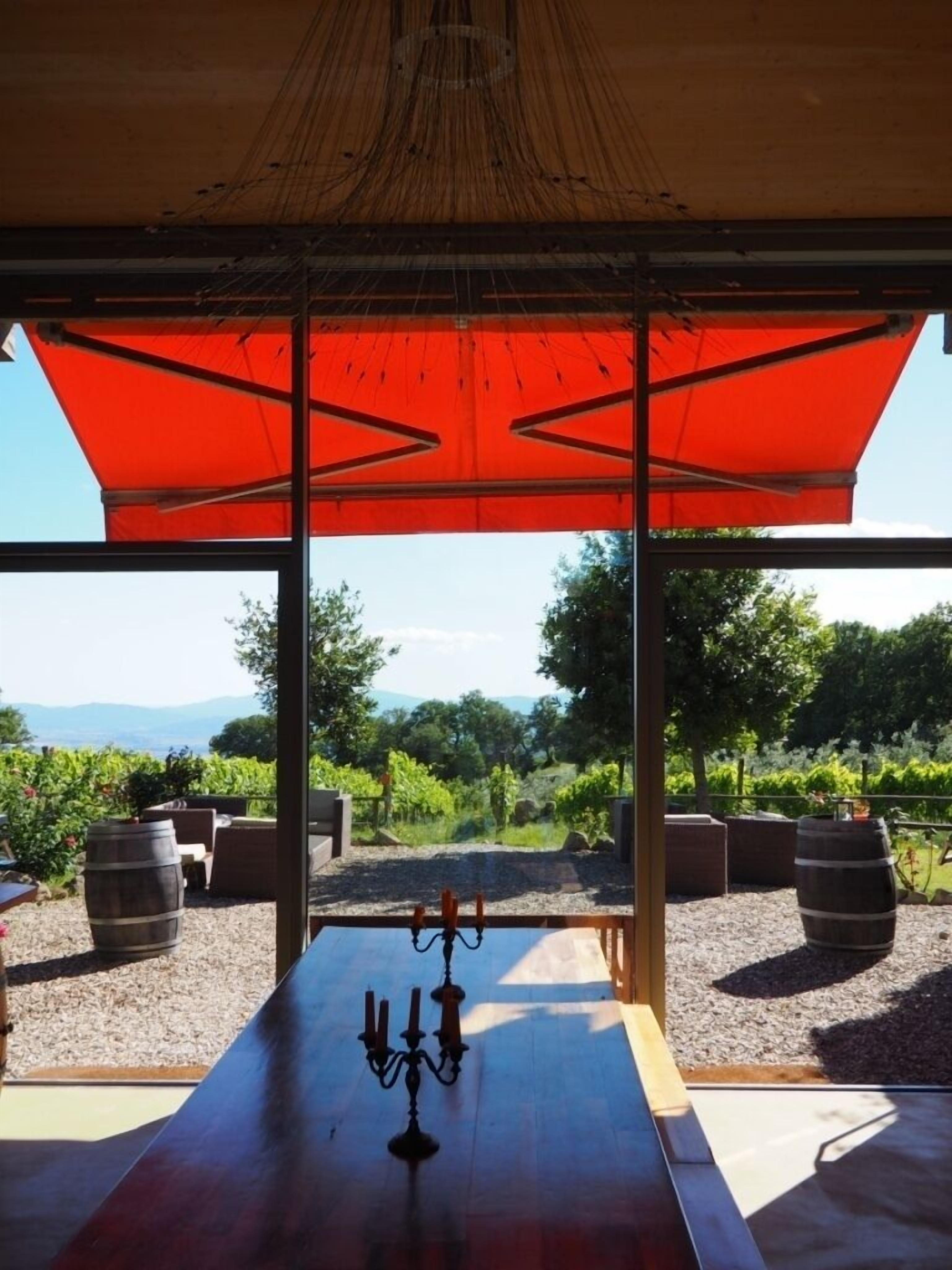 An outdoor dining area with a table and chairs under a red canopy, overlooking a vineyard.