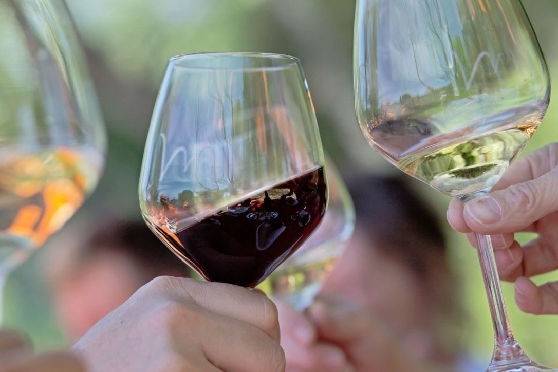 Två vinglas, det ena fyllt med rött vin och det andra med vitt vin, hålls i händerna.