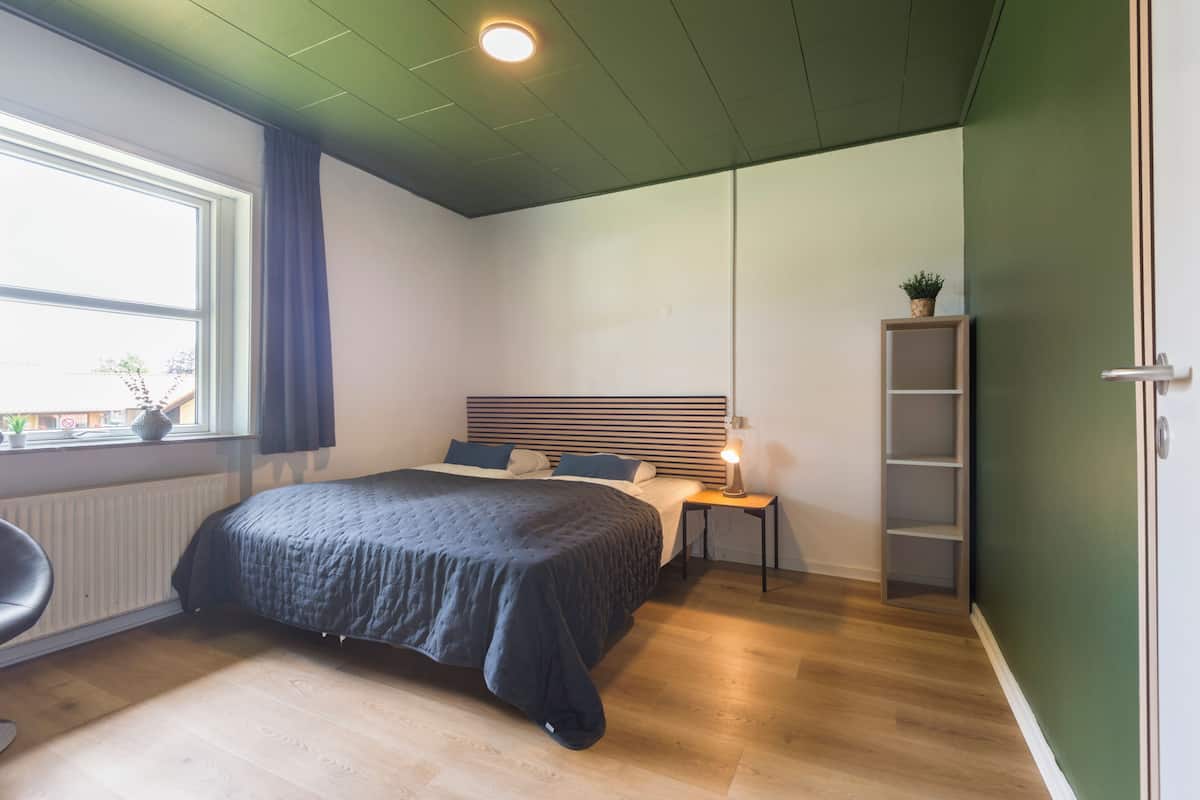A modern bedroom with a large bed, a bedside table with a lamp, a window with curtains, and a green wall.