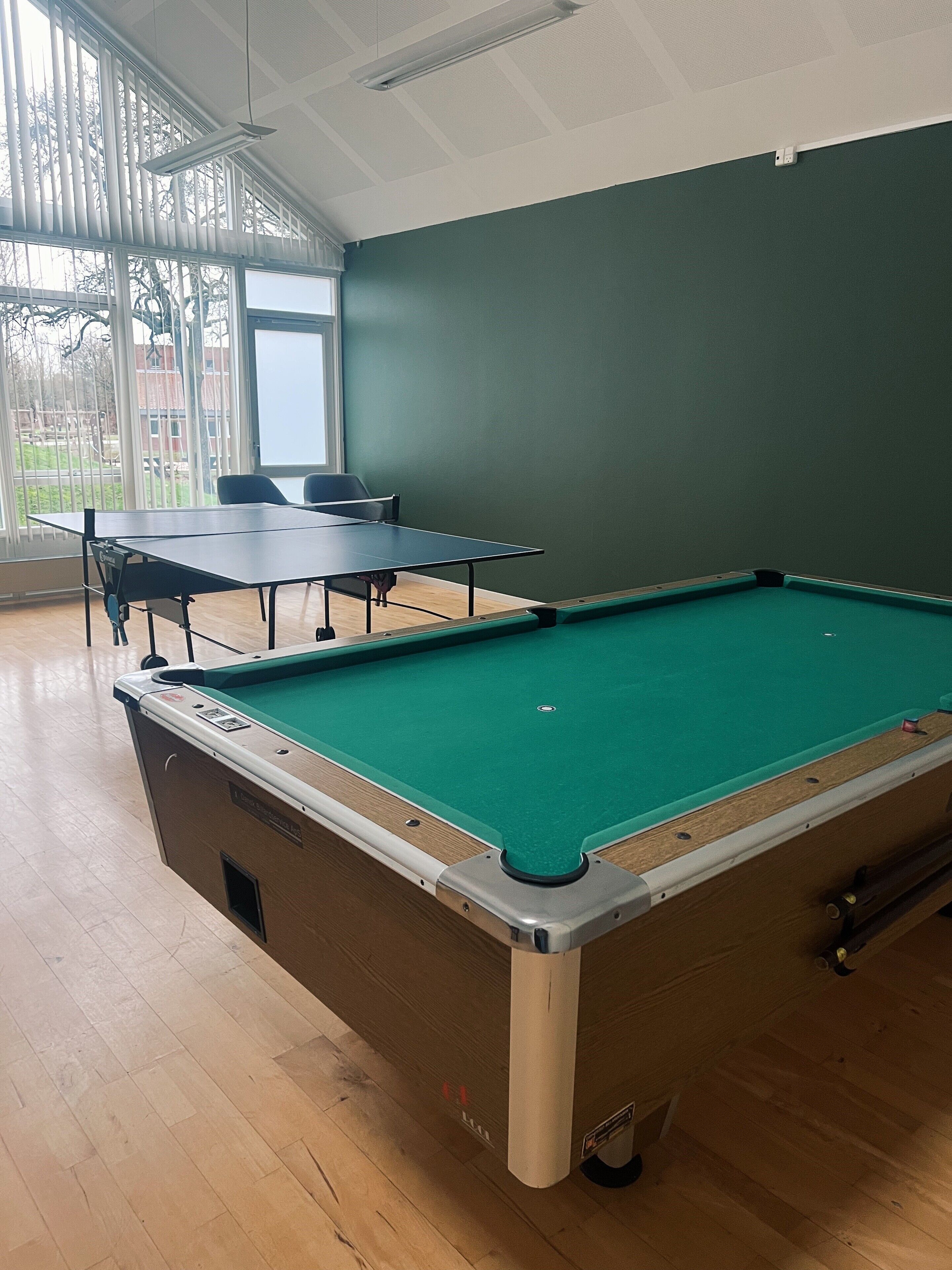 A pool table with a green felt surface, a table tennis table, and a projector screen in a room with wooden flooring and large windows.