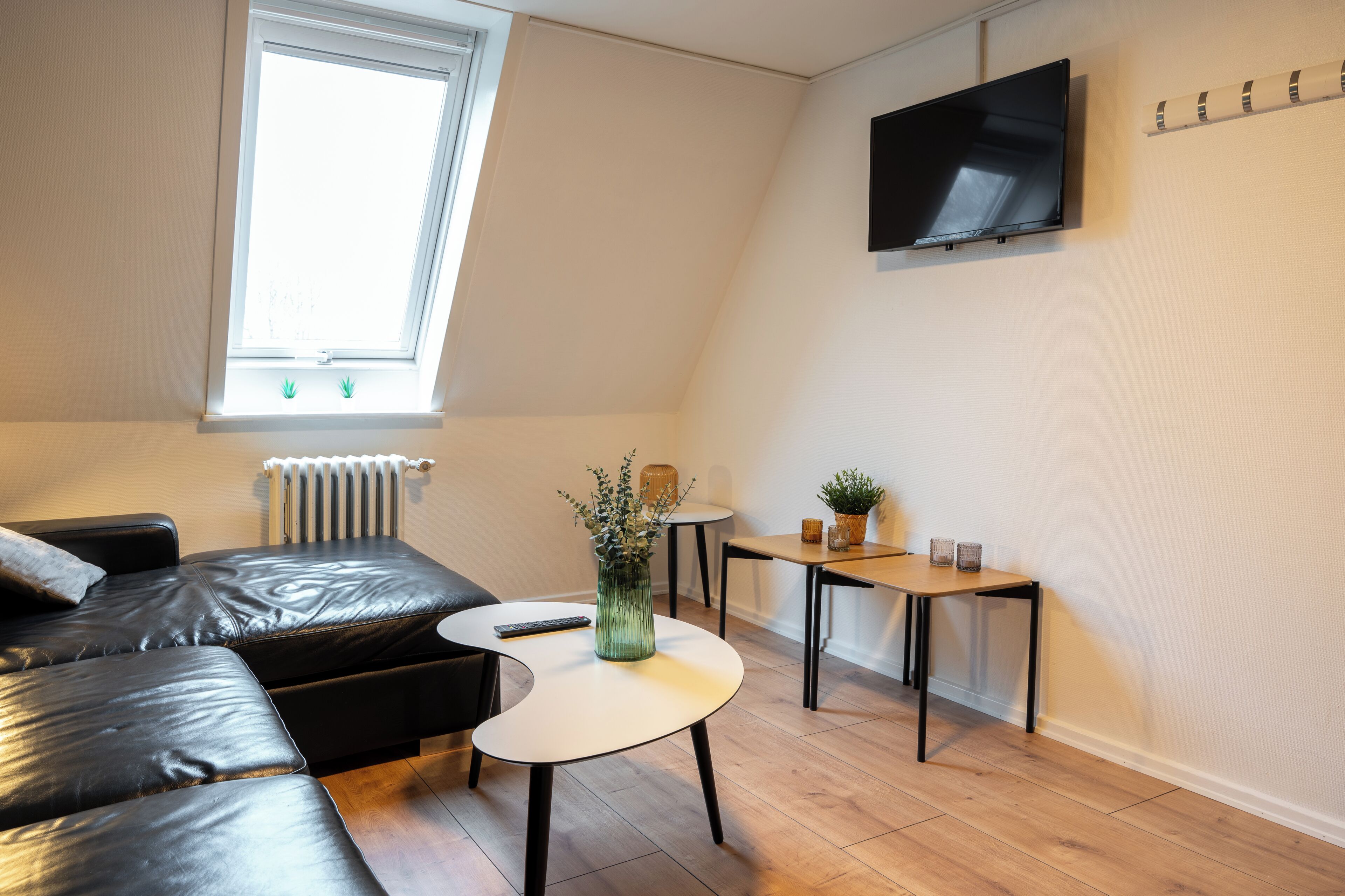 Un salon moderne avec un canapé en cuir noir, une petite table ronde, une plante en pot et un téléviseur à écran plat fixé au mur.