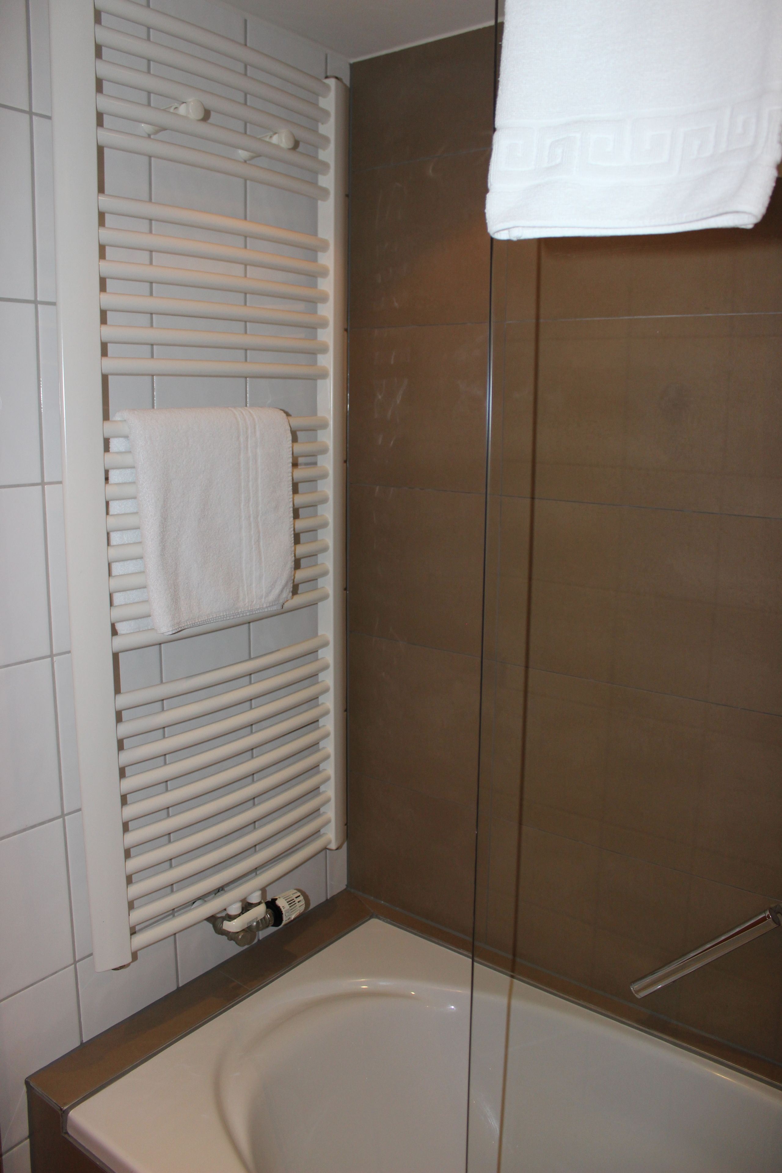 A bathroom with a bathtub, a towel rack, and a shower area.