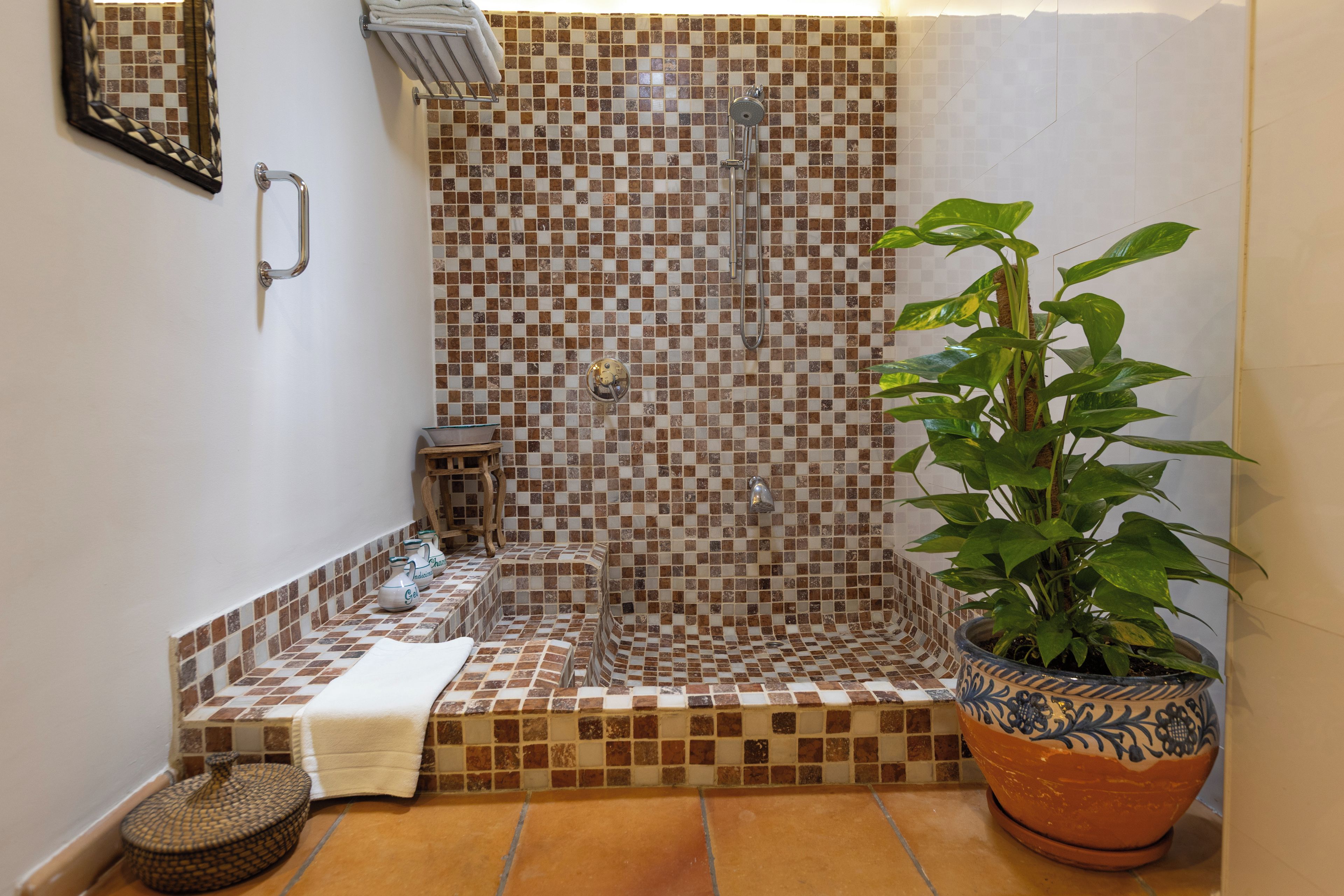 Un baño con ducha, lavamanos, espejo, toallero y una planta en maceta.