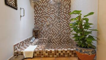 Un baño con ducha, lavamanos, espejo, toallero y una planta en maceta.