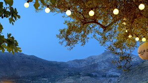 An outdoor dining area with tables and chairs, a lamp, and a dog lying on the ground. - La Almunia del Valle (Monachil)