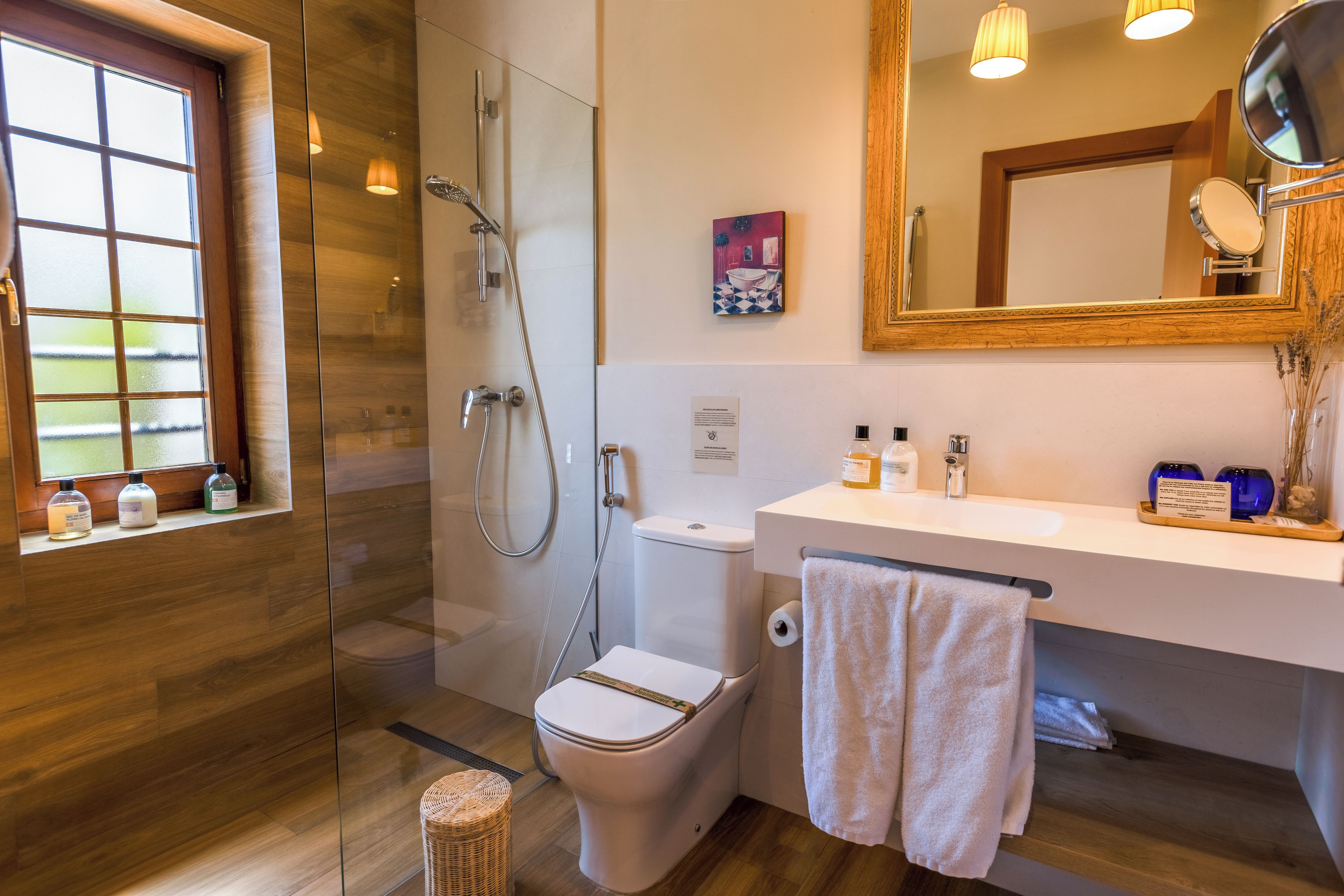 A modern bathroom with a glass shower enclosure, a white toilet, a sink with toiletries, and a mirror.