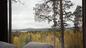 A bedroom with a view of a forest and a lake. - Tree Hotel (Harads)