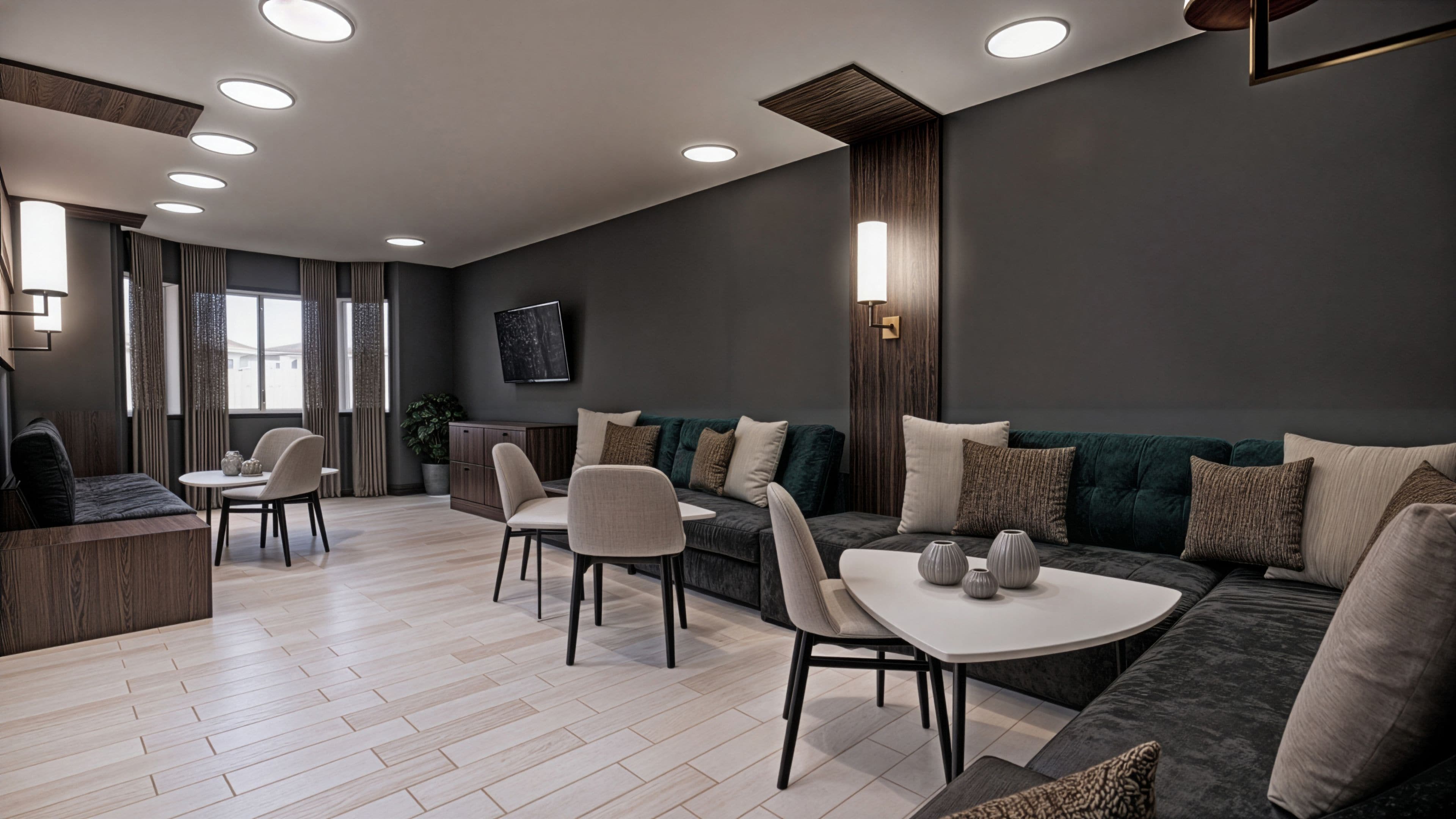 A modern living room with a sofa, chairs, a coffee table, and a TV mounted on the wall.