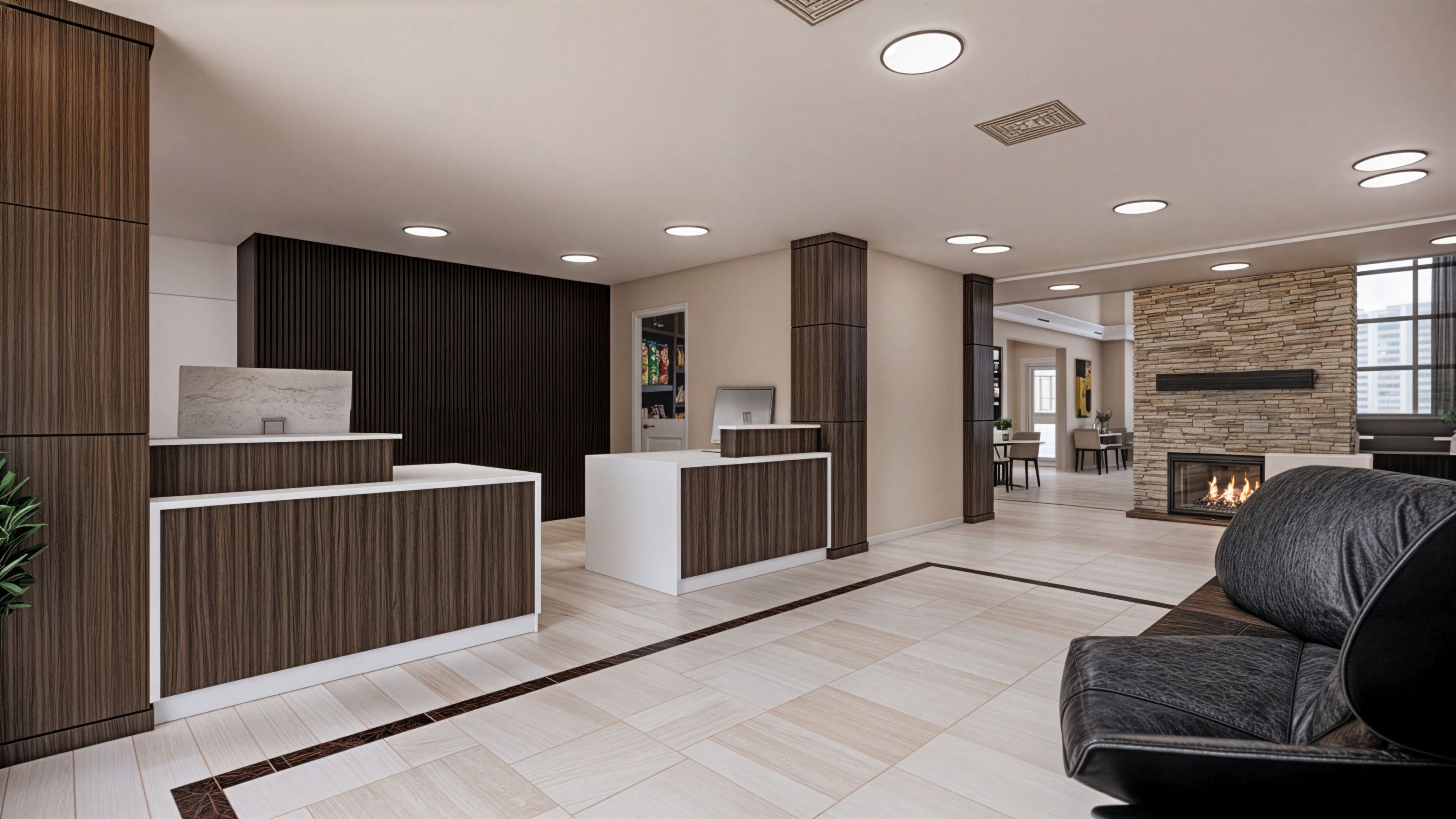 A modern reception area with a reception desk, a seating area with a sofa, and a fireplace.