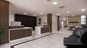 A modern reception area with a reception desk, a seating area with a sofa, and a fireplace.