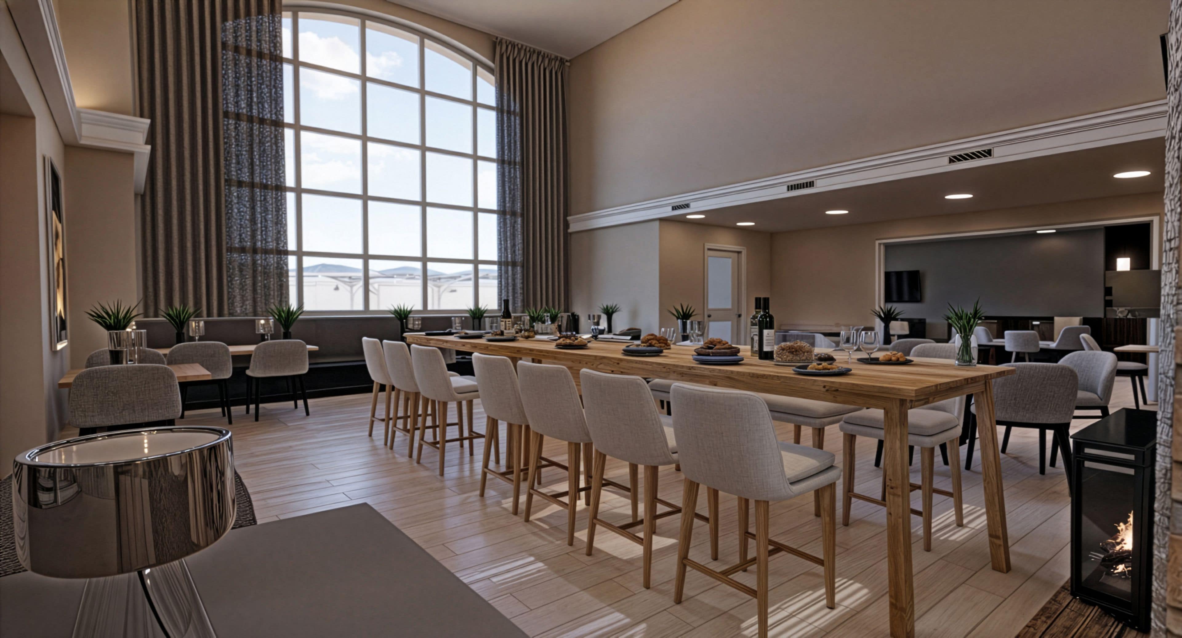 Un vaste espace dédié à la salle à manger, avec une longue table en bois, de nombreuses chaises et une vue dégagée grâce à de grandes fenêtres.