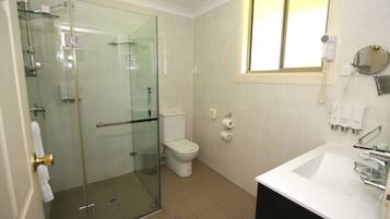 Een badkamer met een douchecabine van glas, een toilet, een wastafel en een raam.