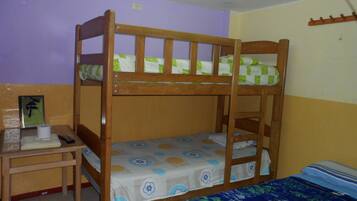Una cama litera con estructura de madera, una mesita de noche con un rollo de papel higiénico, y una cama con un cubrecolcha de temática de panda.