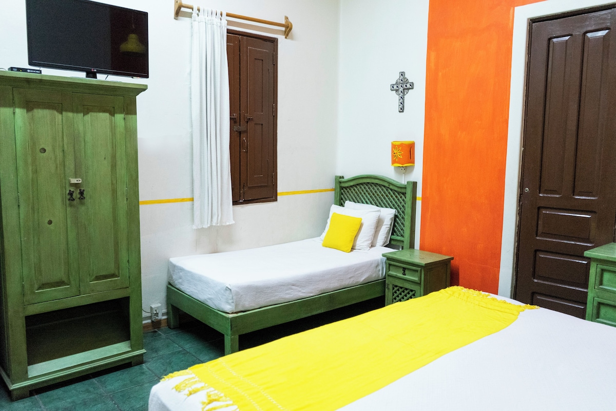Een slaapkamer met een enkel bed, een groene garderobe en een televisie op een dressoir.