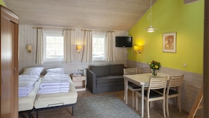 A room with a bed, a sofa, a TV, a dining table with chairs, and a window with curtains.