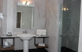 Ducha, secador de pelo, toallas, jabón