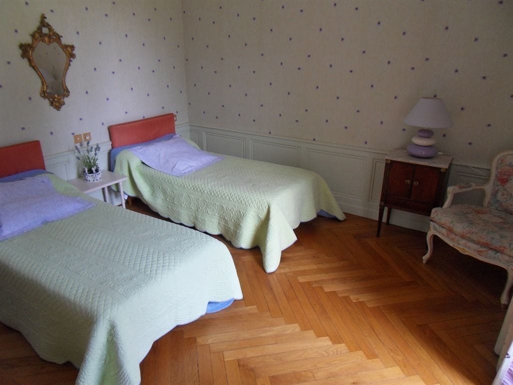 A bedroom with two beds, a nightstand, a chair, and a mirror on the wall.