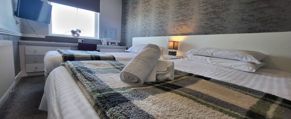 Habitación con 2 camas individuales, vistas al mar | Tabla de planchar con plancha, wifi gratis, ropa de cama