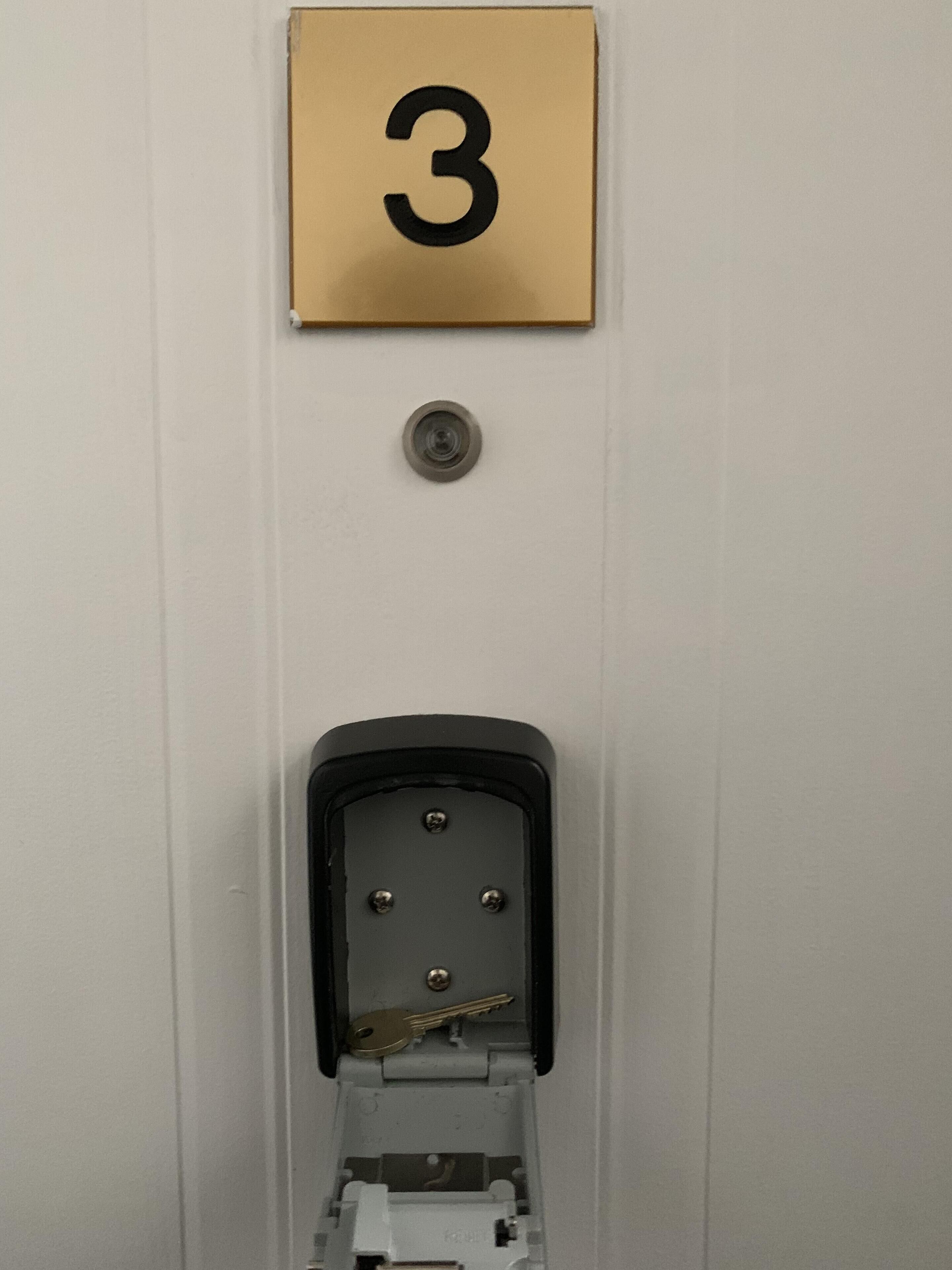 A door with a number plate labeled '3' above it, a keyhole below the plate, and a key inserted into a lock mechanism.