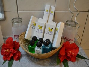 Combined shower/bathtub, deep-soaking bathtub, free toiletries