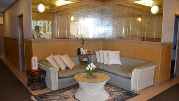 A living room with a sofa, a coffee table, and a rug. - West Plaza Hotel Desekel (Koror)