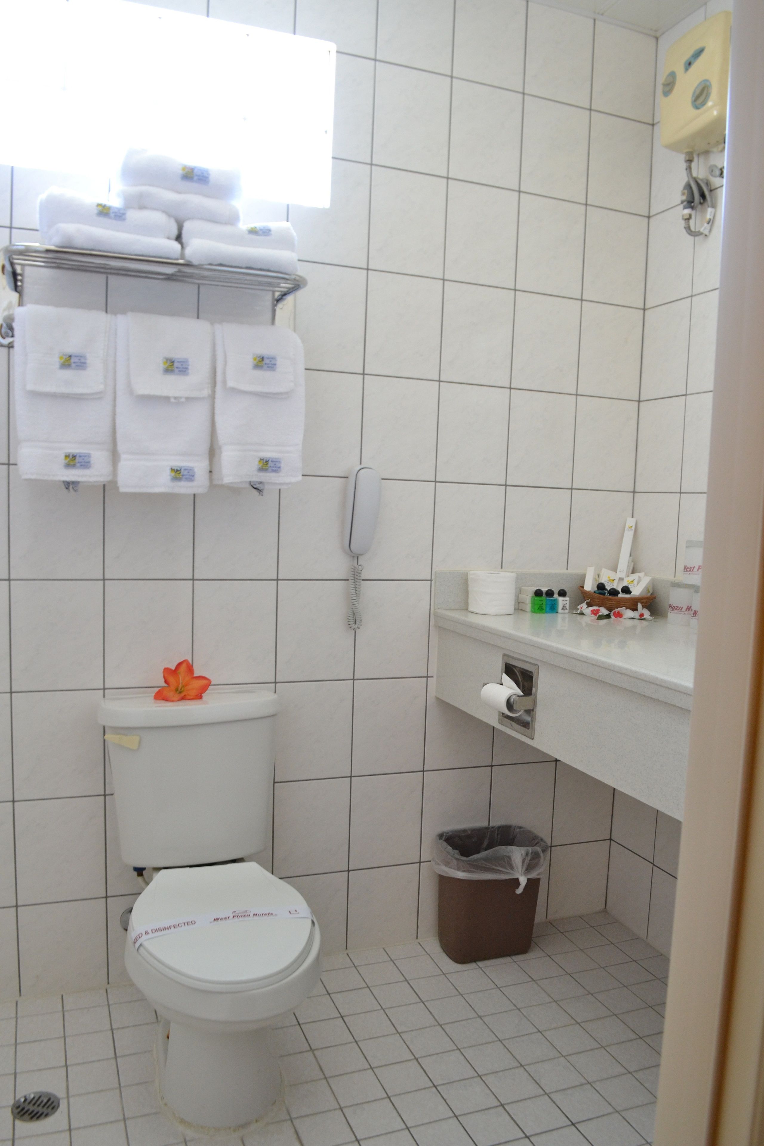 Ein Badezimmer mit Toilette, Mülleimer, Ablagefach für Toilettenartikel und Handtuchhalter.