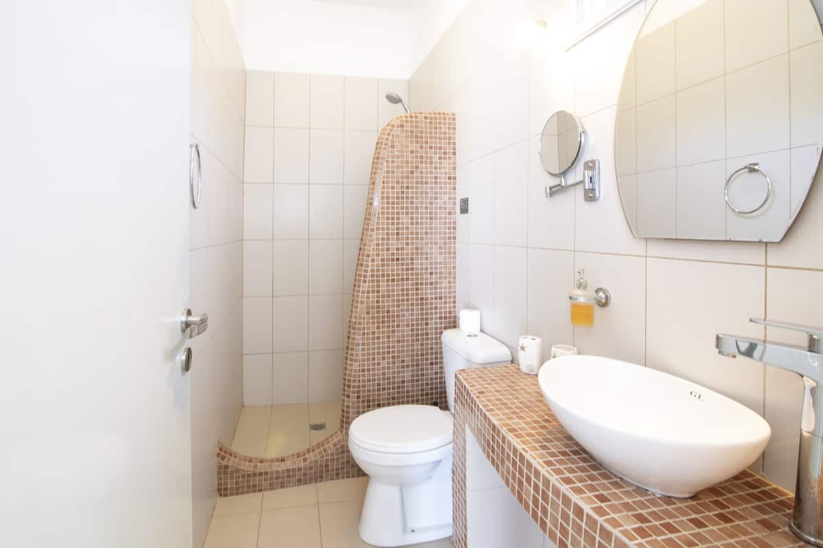 superior double room | bathroom | shower, free toiletries, hair dryer, towels