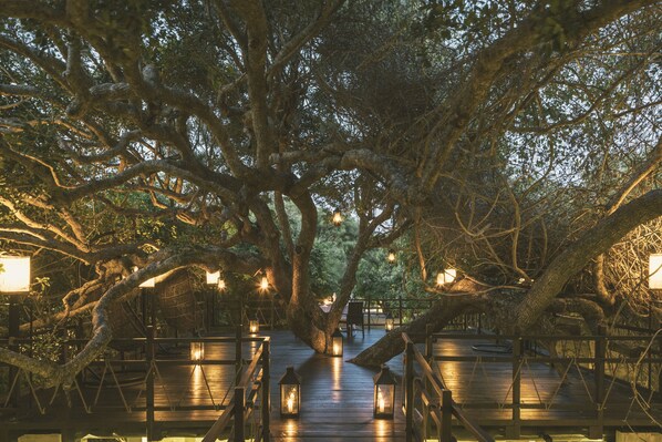 Se sirven desayunos y almuerzos; cocina fusión; con vista a la piscina