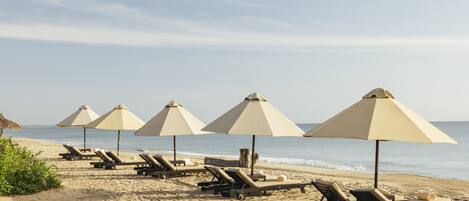Une plage avec des transats et des parasols.