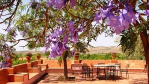 An outdoor patio with a table and chairs, surrounded by terracotta walls and potted plants. - Gianferrante (Paterno)
