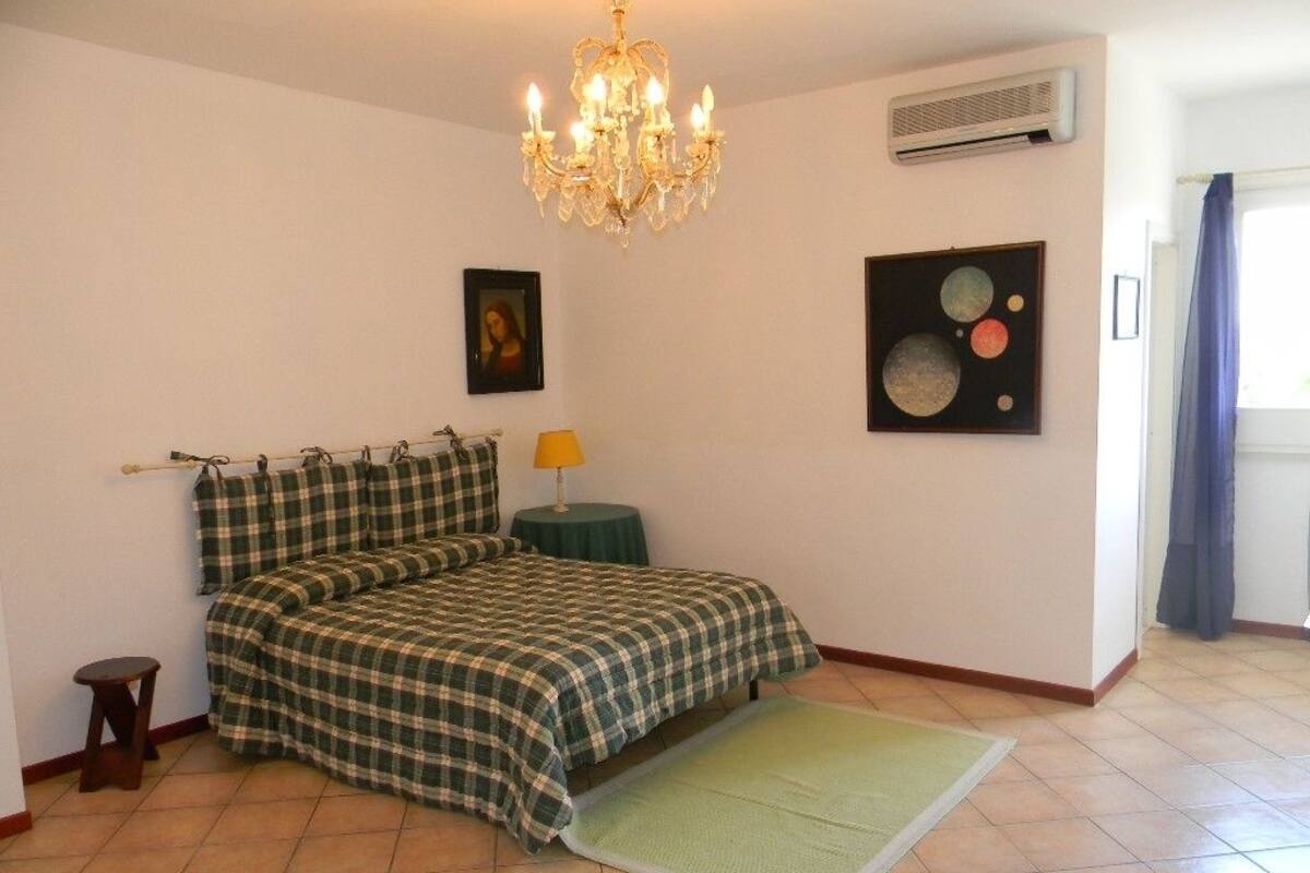 A bedroom with a bed, a chandelier, a picture on the wall, and a painting.