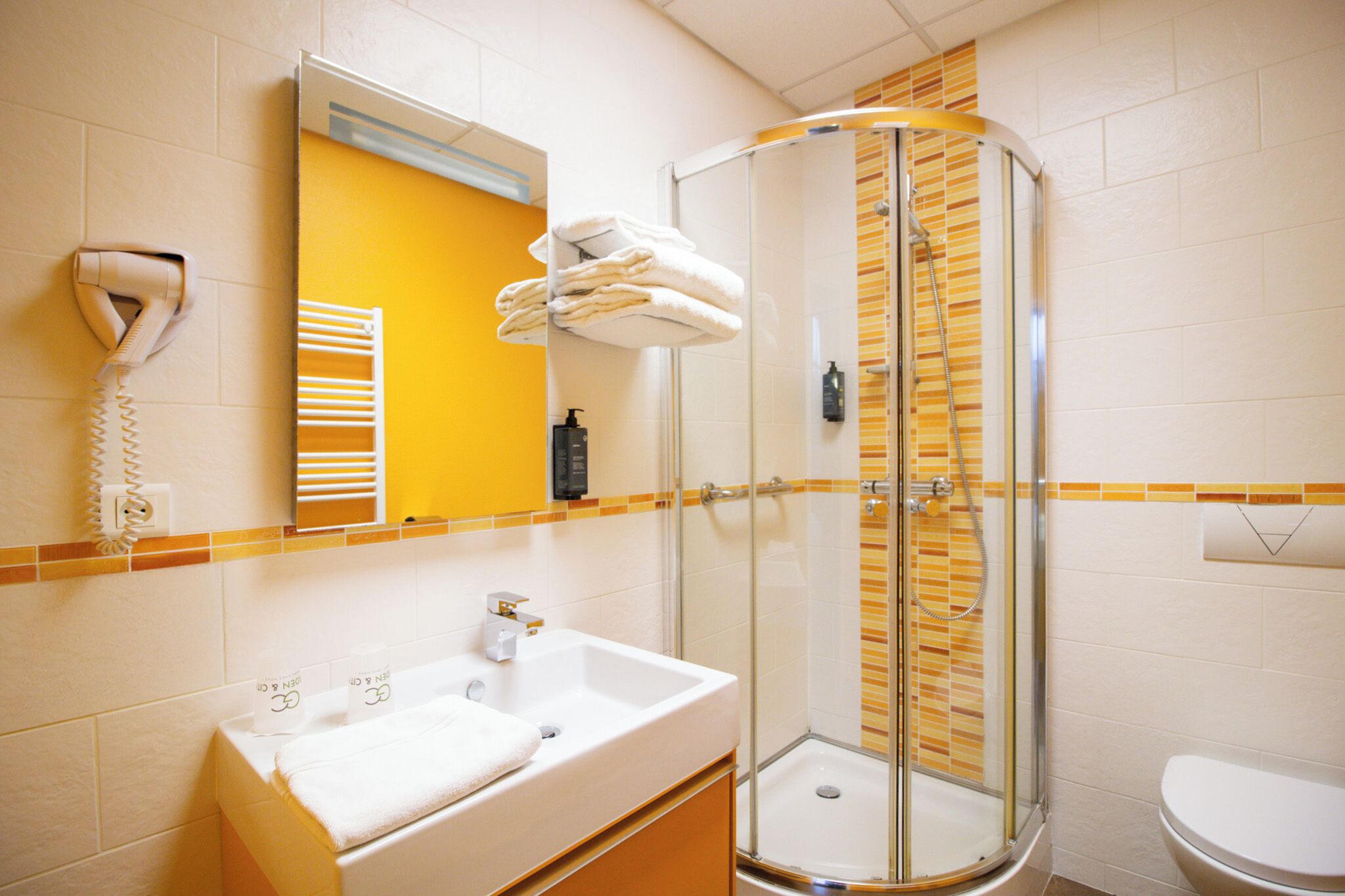 A bathroom with a glass shower enclosure, a white sink, and a toilet.