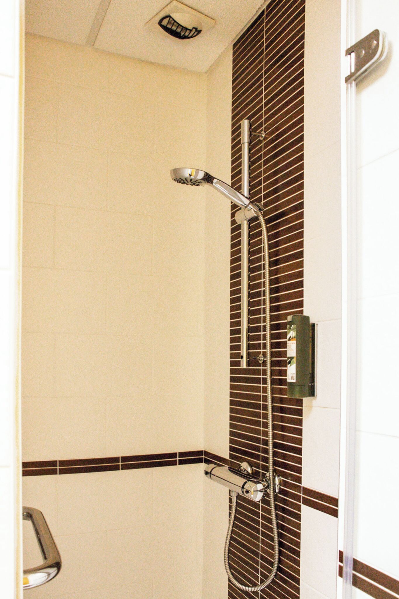 A shower with a handheld showerhead and a wall-mounted faucet.