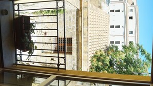 A window with a metal grill, a potted plant, and a view of a building with a tiled facade and a clear blue sky. - Khalisah (Palermo)
