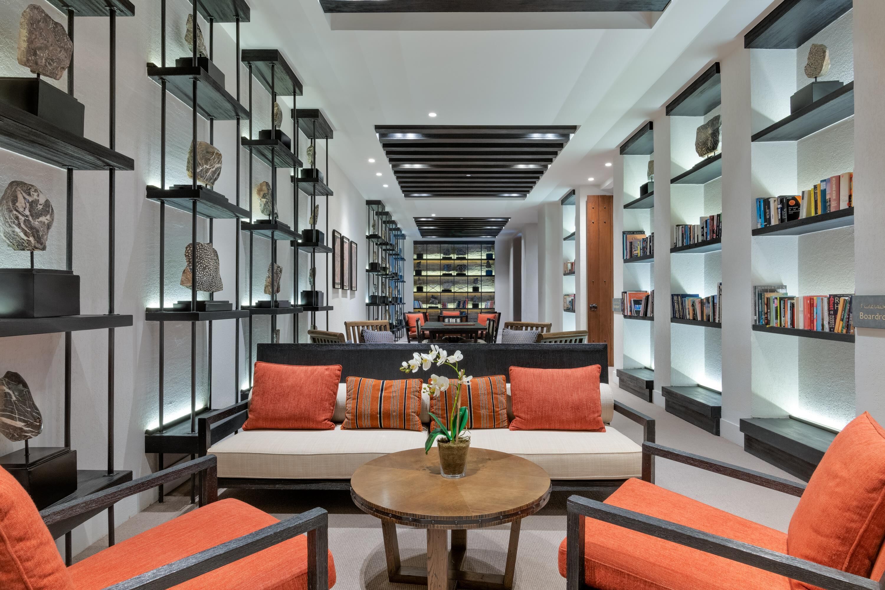 A modern interior with a central seating area, bookshelves, and decorative elements.