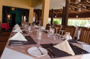 A long dining table set for a meal with multiple chairs, clear glassware, and neatly folded napkins.