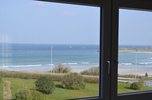 A view of the sea through a window, with a grassy area and a road visible in the foreground.