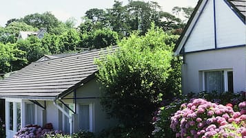 Ein Haus mit schrägem Dach, einer sichtbaren Garage und einem Garten mit violetten Blumen.