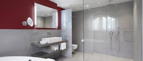 A modern bathroom with a glass-enclosed shower, a large mirror, and a vanity with a sink and towel rack.
