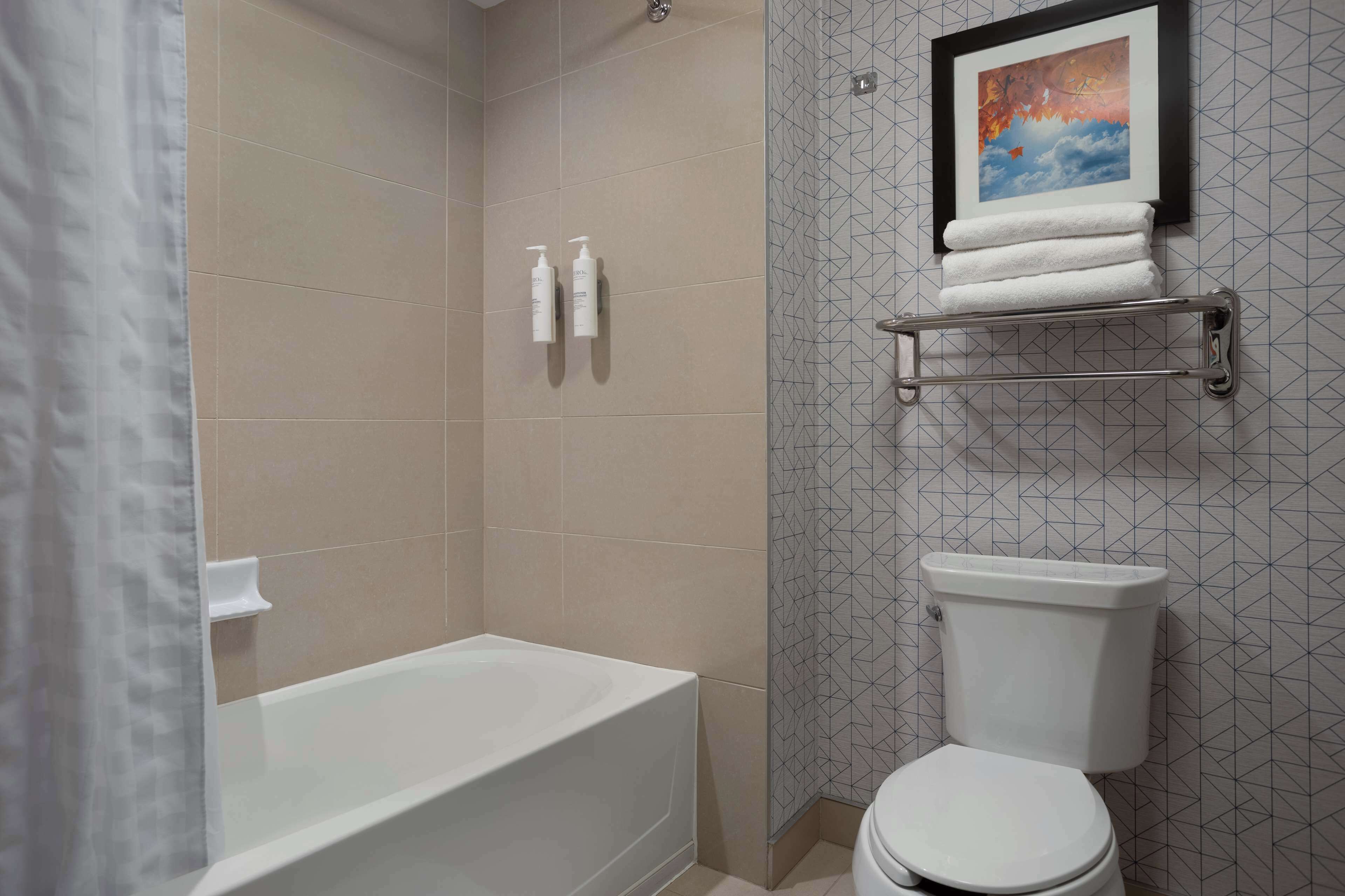 Een badkamer met een bad, toilet en douche. Er staan toiletartikelen aan de muur en een handdoekrek boven het toilet.