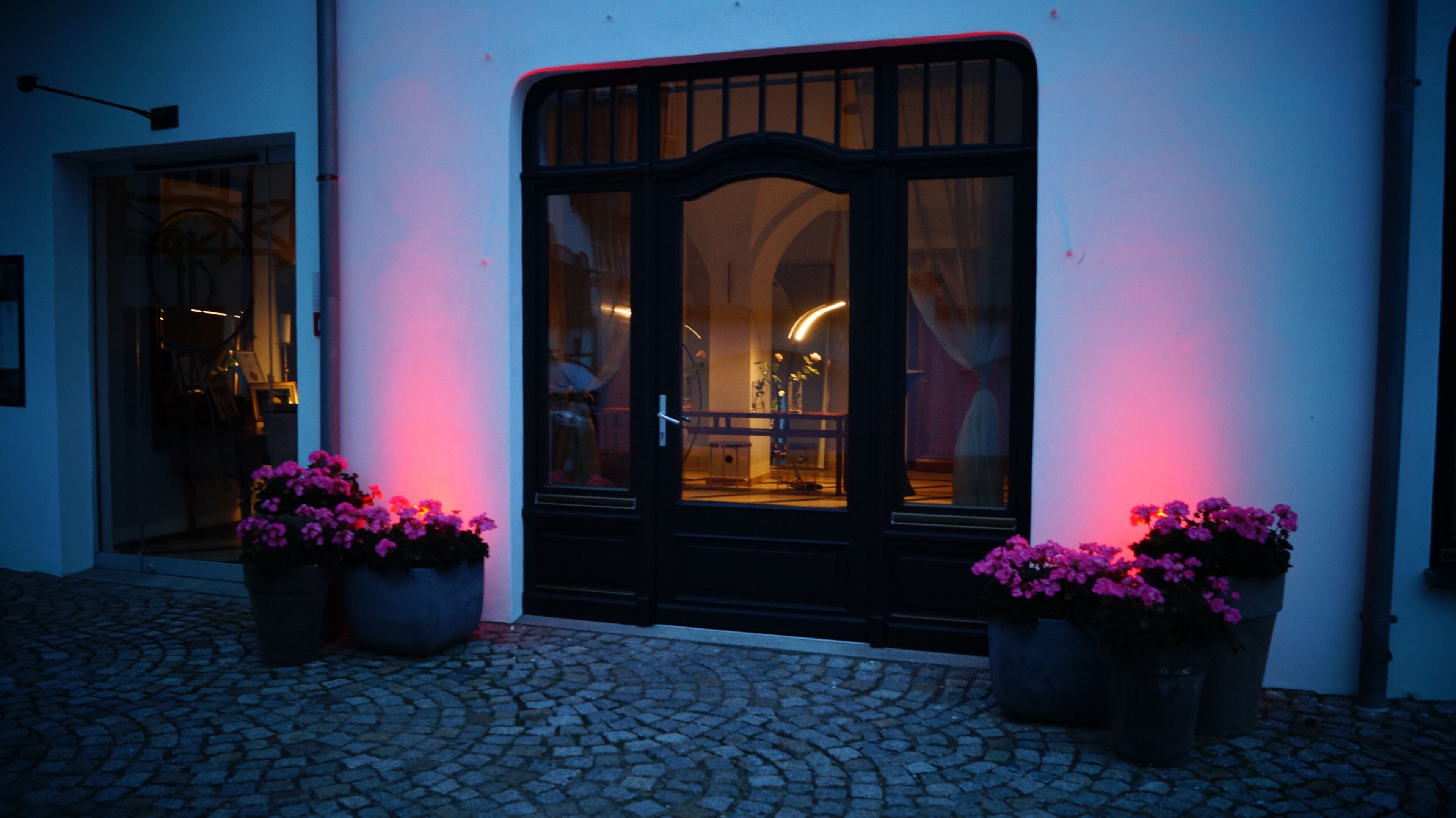 Une entrée d’immeuble avec une porte noire, deux plantes en pot ornées de fleurs roses et un pavage en pierres.