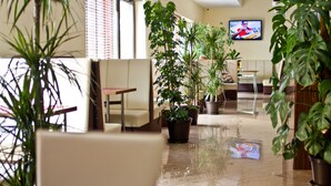 Un hall d’hôtel moderne avec un sol en marbre poli, plusieurs plantes en pot, un téléviseur fixé au mur et un coin salon comprenant un canapé et une petite table.