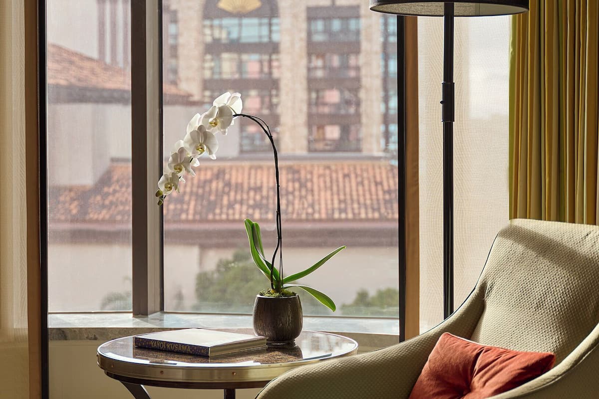 Ein stilvolles Wohnzimmer mit einem gemütlichen Sessel, einem kleinen runden Tisch mit Topfpflanze und Blick auf ein Gebäude mit Kuppel und Bögen durch große Fenster.