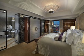 A modern hotel room with a large bed, a view of the cityscape, and a unique ceiling design. - Mandarin Oriental, Taipei (Taipei)
