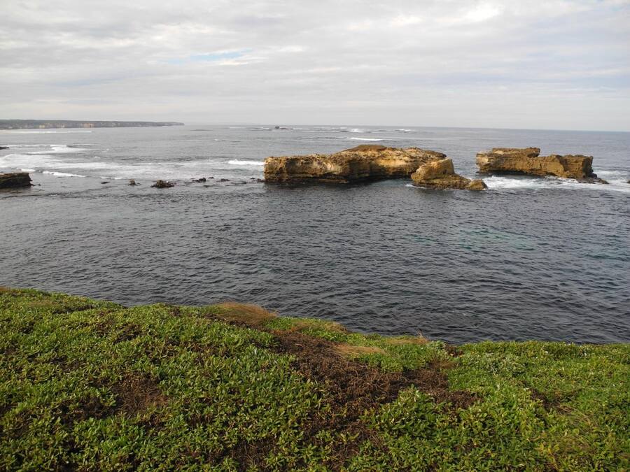 A coastal landscape with rocky outcrops and a grassy foreground.