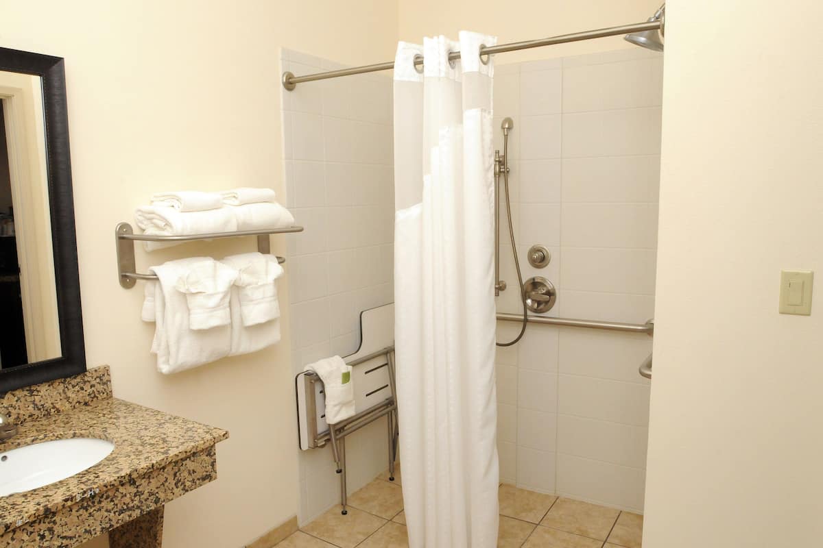 room, 1 king bed, accessible (comms accessible. roll-in shower) | bathroom | hair dryer, towels