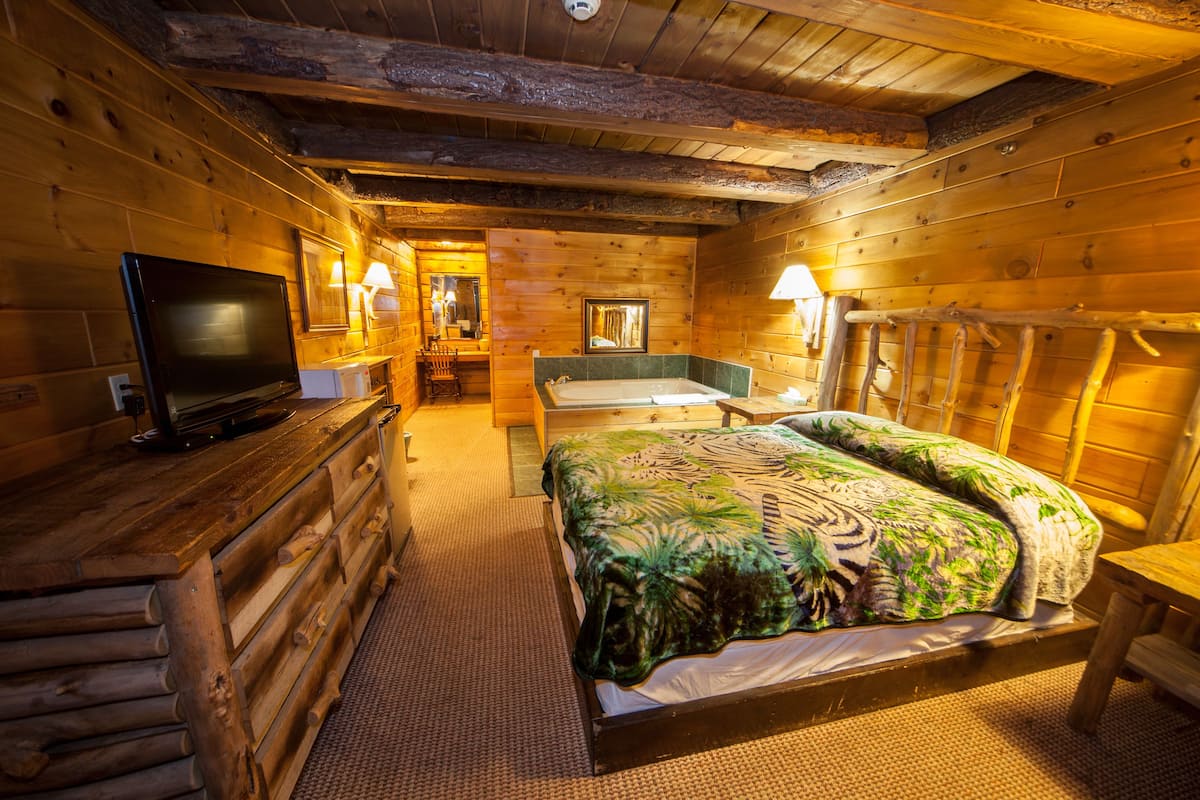 A log cabin-style room with a bed, a television, a bathroom with a bathtub, and a wooden bench.