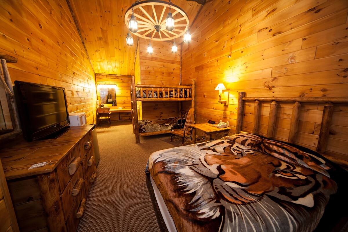 A wooden cabin room with a bed, a desk, a chair, a television, and a wardrobe.