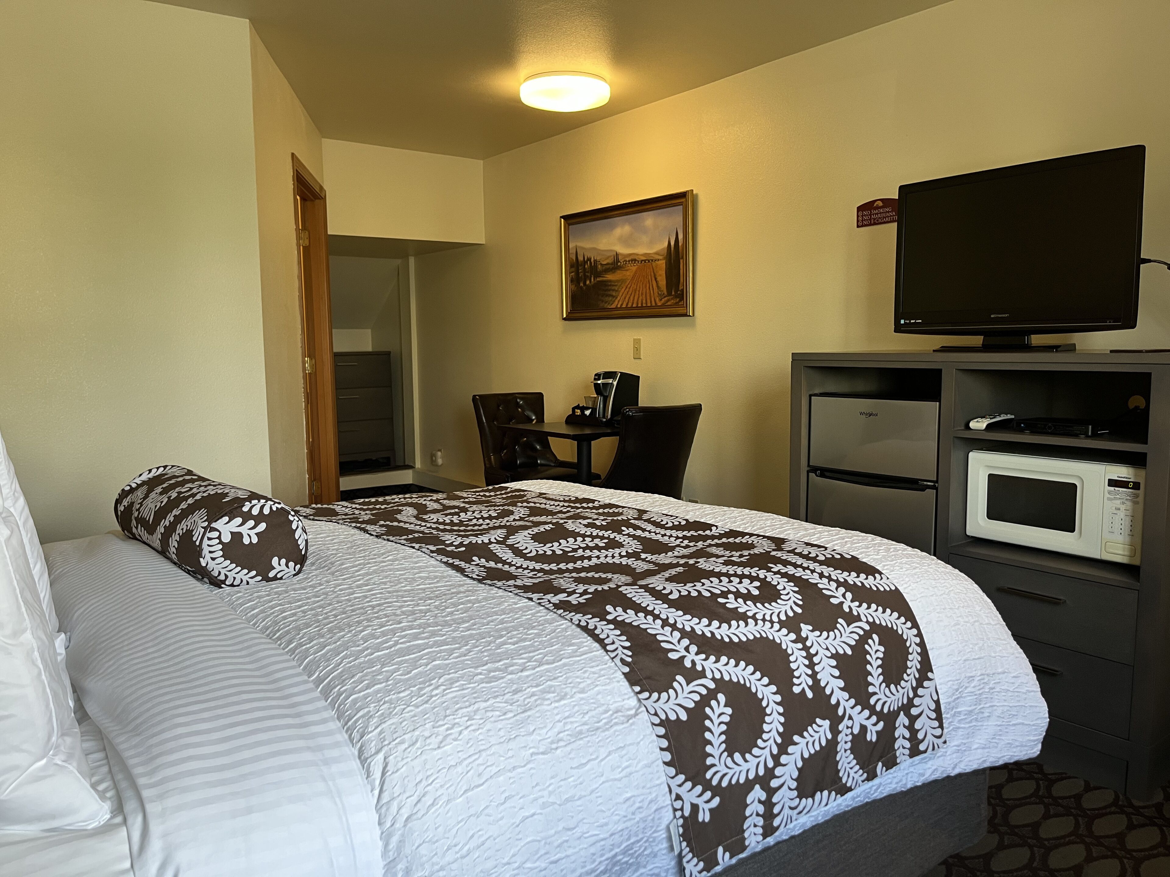 A hotel room with a bed, a desk with a chair, a television, and a microwave.