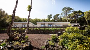A modern building with a stone retaining wall and lush greenery. - Pico Dreams - Sportfish (Sao Roque do Pico)